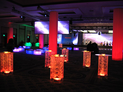 Red, Lighted, Cocktail Tables ( hi-boy ) for parties and receptions